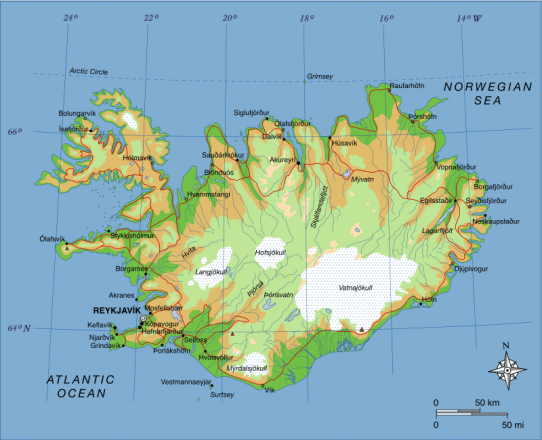 Le cercle arctique au-dessus de l'Islande sur la carte 