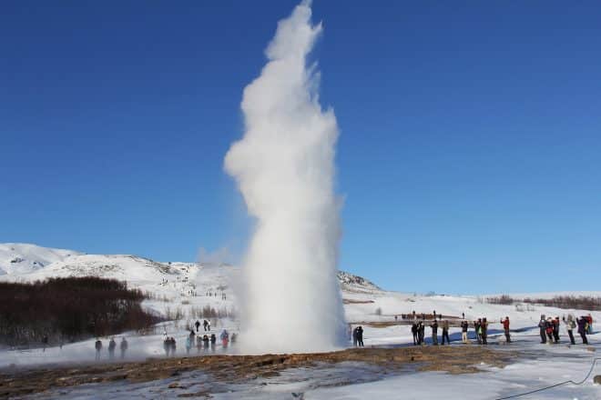 Strokkur hot spring during the winter