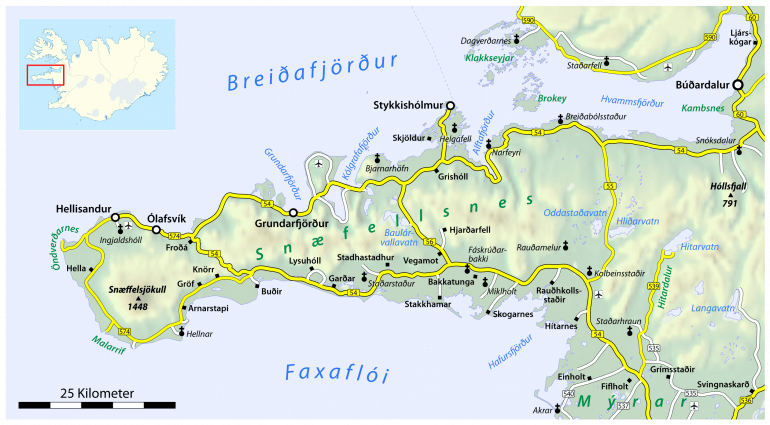 Une carte de la péninsule de Snaefellsnes.
