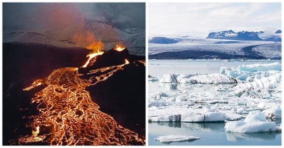 Image combinée d'un volcan et d'un glacier