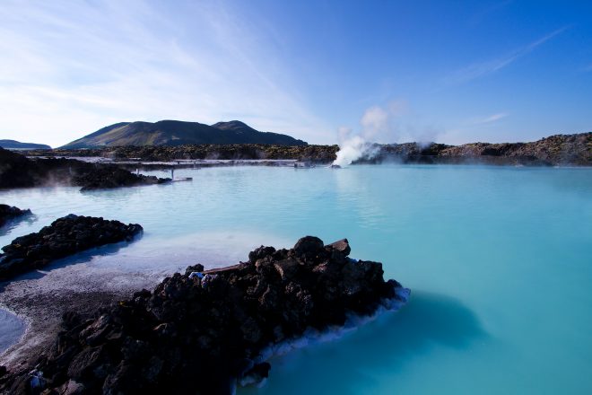 Water and lava field at the Blue Lagoon.
