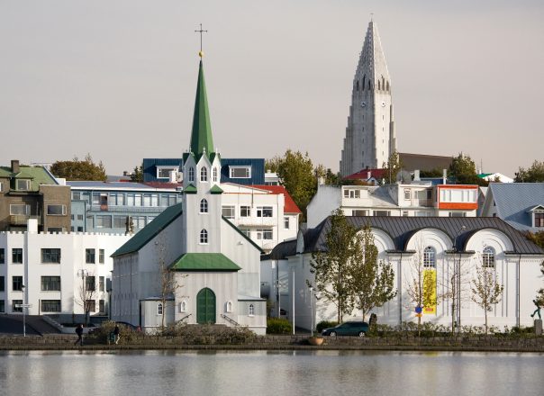 Part of Reykjavik in Iceland with the modern Hallgrimskirkja Church in the background