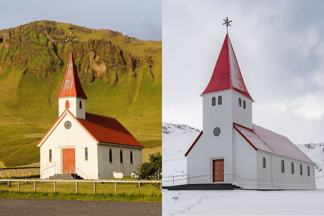 Une photo de comparaison de l'église Reyniskirkja et de l'église Vikurkirkja dans le sud de l'Islande