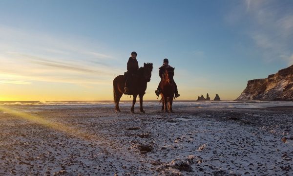 Balade à cheval sur une plage de sable noir dans le sud de l'Islande